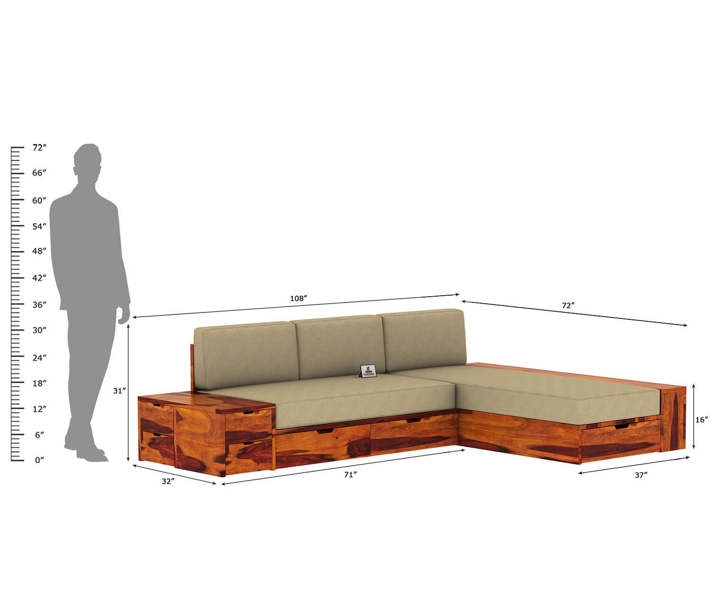 Respiro L Shape Wooden Sofa With Storage - Urbnfurnish