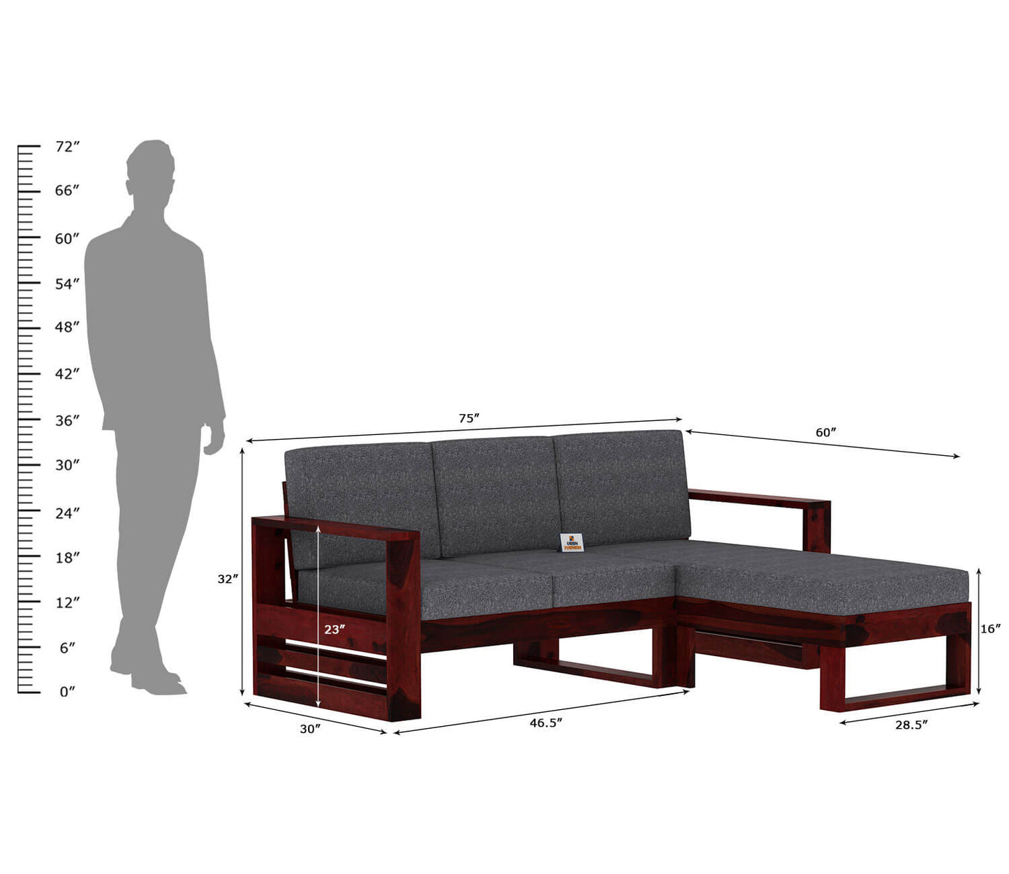 Orfeo L Shape Right Aligned Wooden Sofa - Urbnfurnish