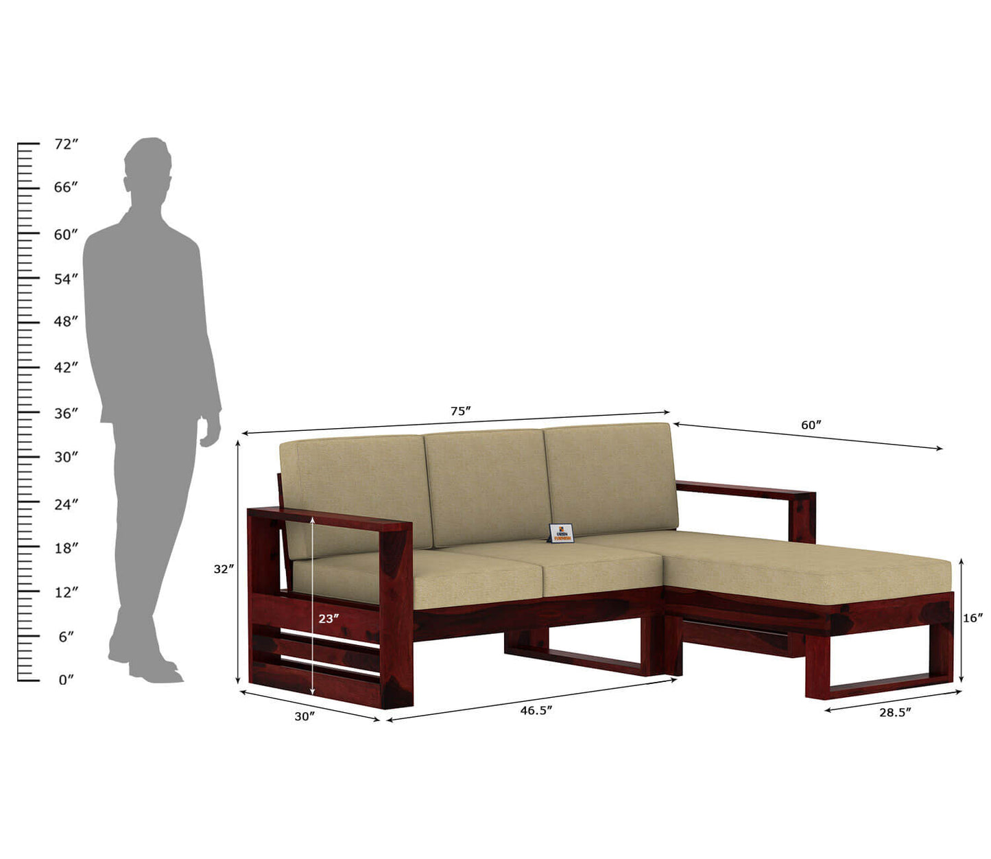 Orfeo L Shape Right Aligned Wooden Sofa - Urbnfurnish