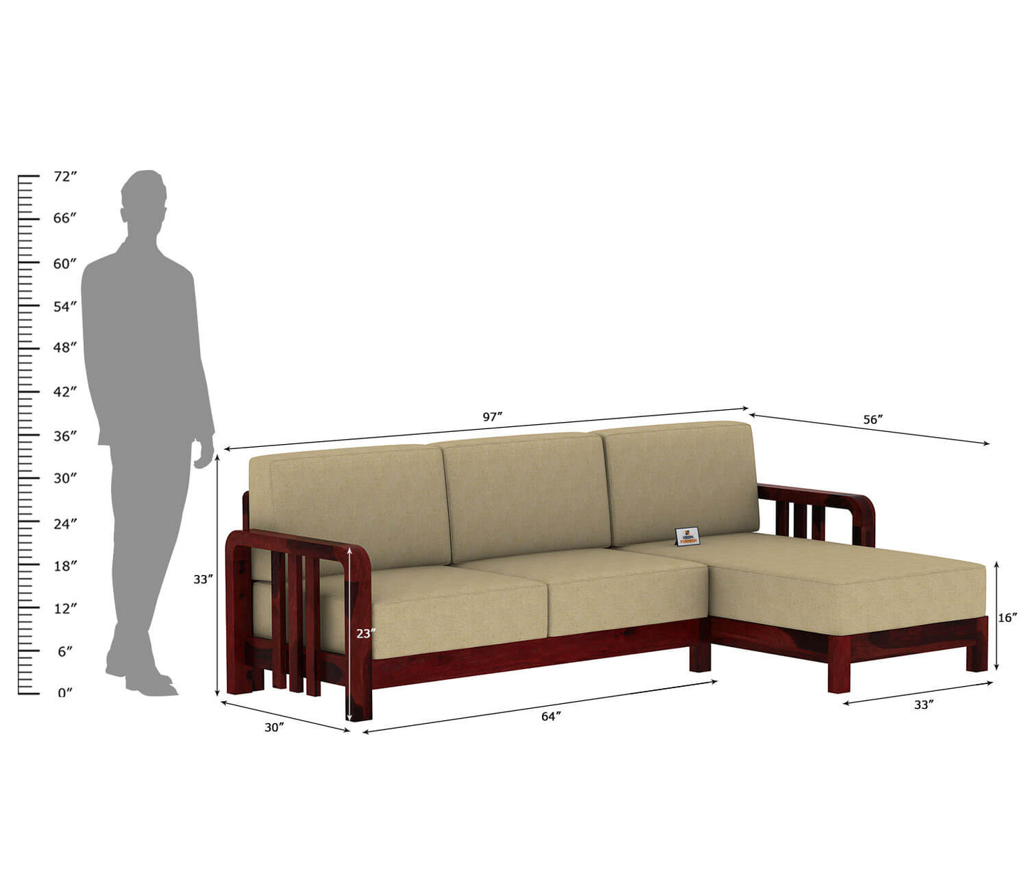 Icaro L Shape Right Aligned Wooden Sofa - Urbnfurnish