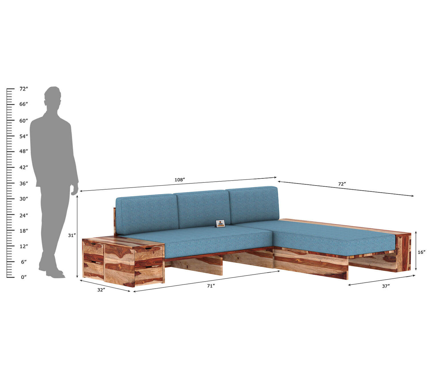 Respiro L Shape Wooden Sofa Without Storage - Urbnfurnish