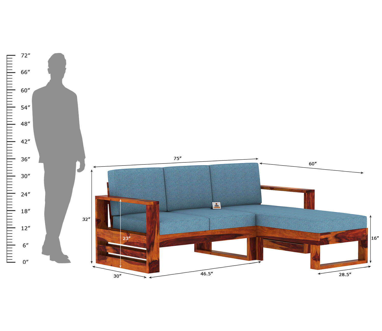 Orfeo L Shape Right Aligned Wooden Sofa - Urbnfurnish