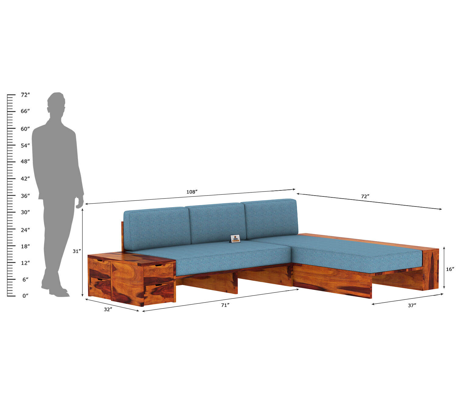 Respiro L Shape Wooden Sofa Without Storage - Urbnfurnish