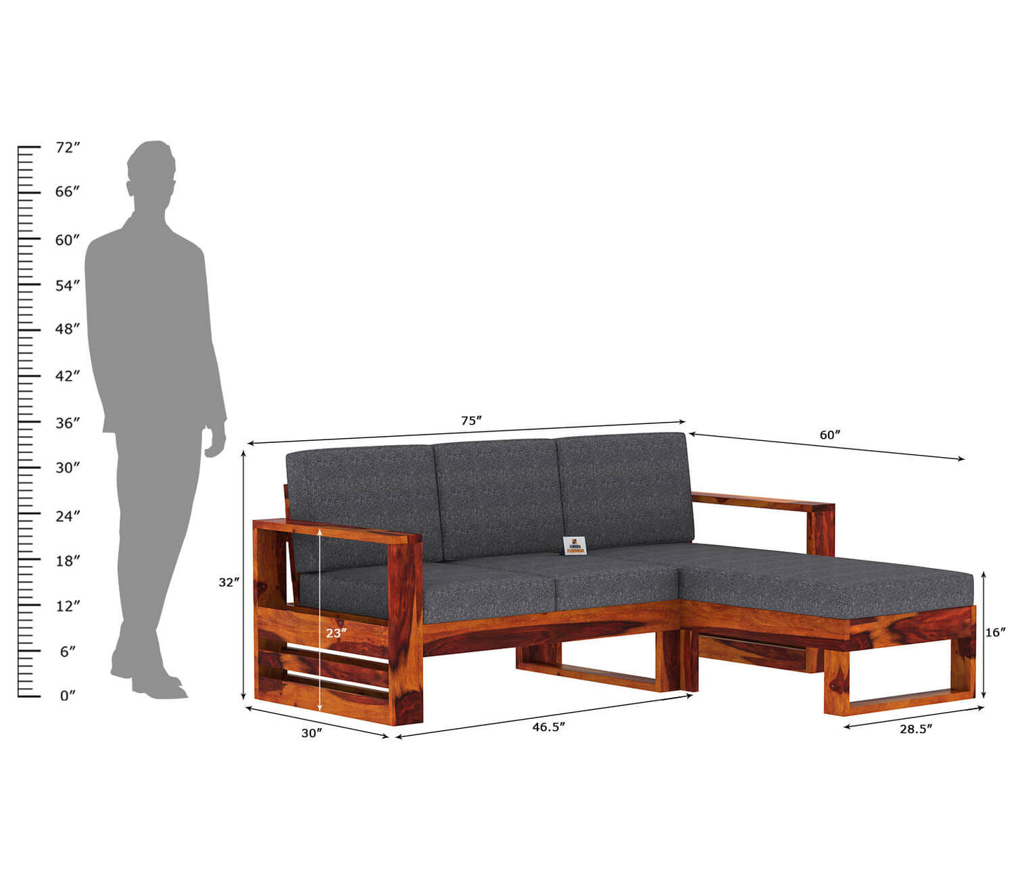 Orfeo L Shape Right Aligned Wooden Sofa - Urbnfurnish