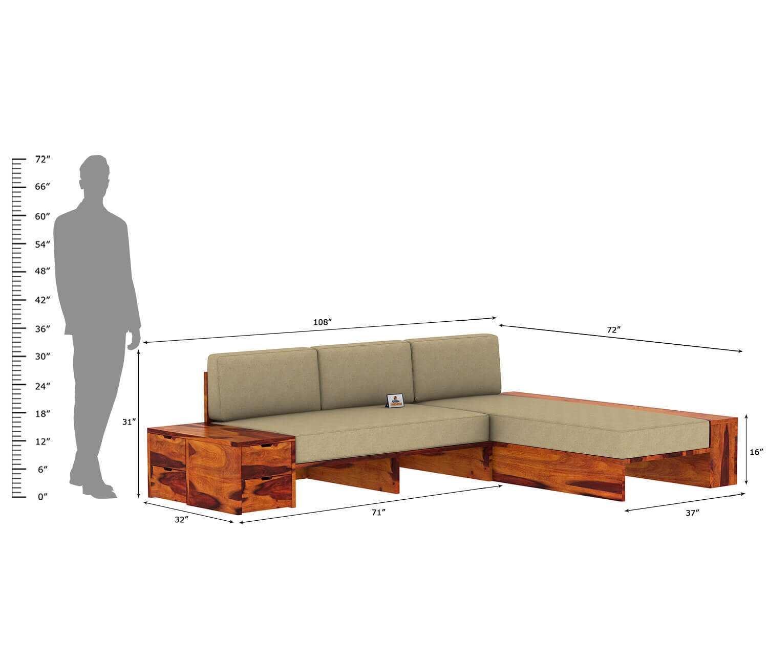 Respiro L Shape Wooden Sofa Without Storage - Urbnfurnish