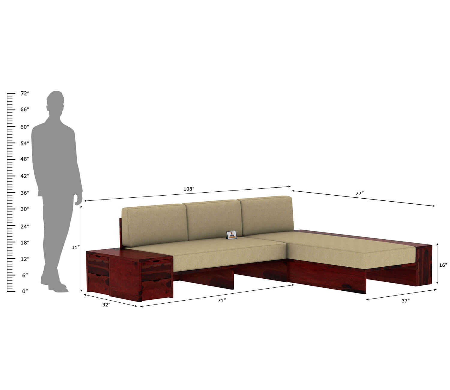 Respiro L Shape Wooden Sofa Without Storage - Urbnfurnish