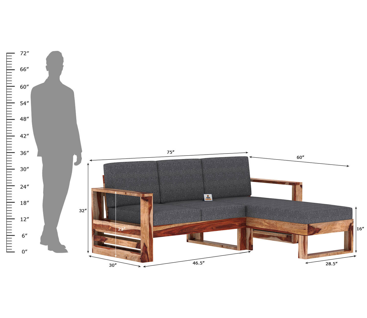 Orfeo L Shape Right Aligned Wooden Sofa - Urbnfurnish