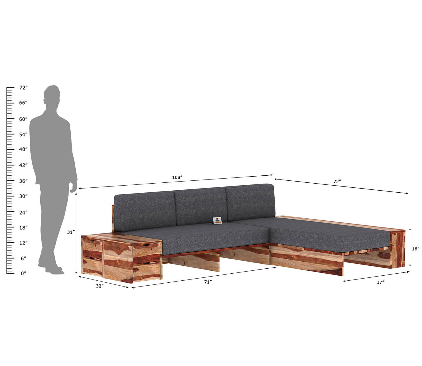 Respiro L Shape Wooden Sofa Without Storage - Urbnfurnish