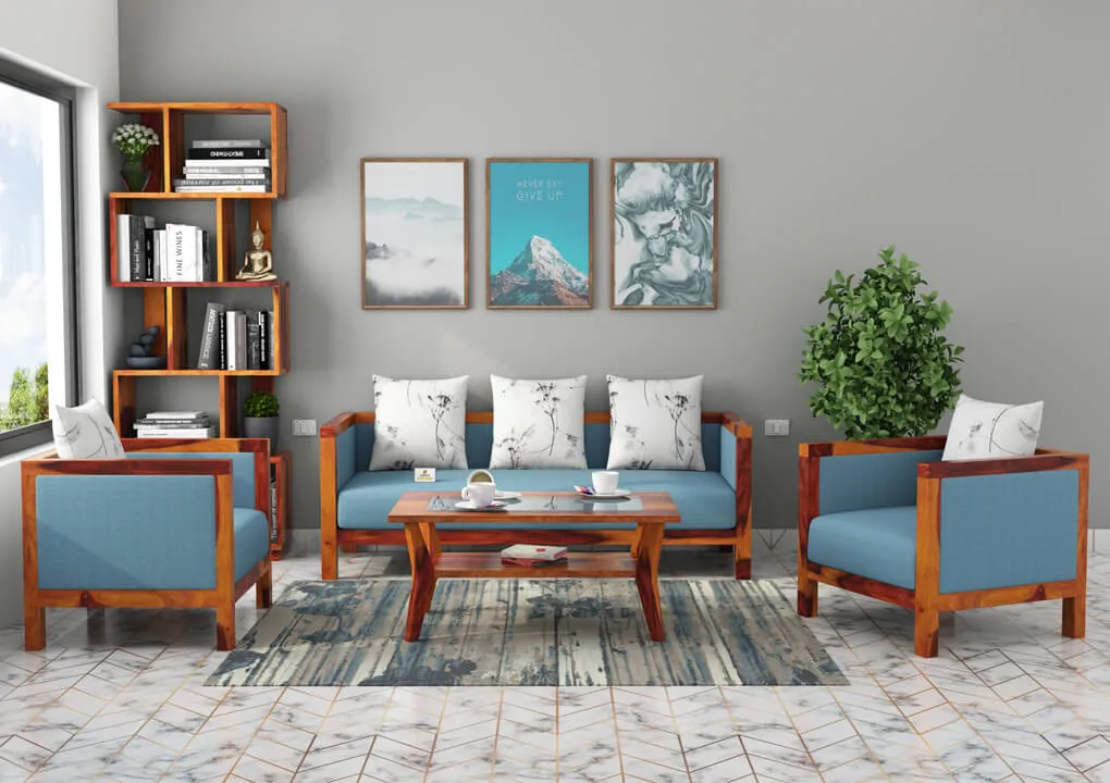 Dallas Wooden 3+1+1 Sofa Set (Honey, Blue)
