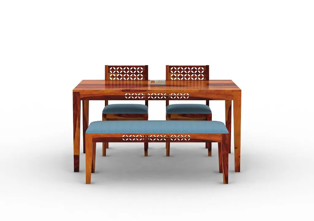 Muse 4 Seater Cushioned Dining Set With Bench (Honey, Blue)