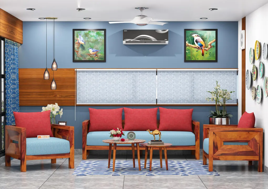 Stamford Wooden 3+1+1 Sofa Set (Honey, Blue)