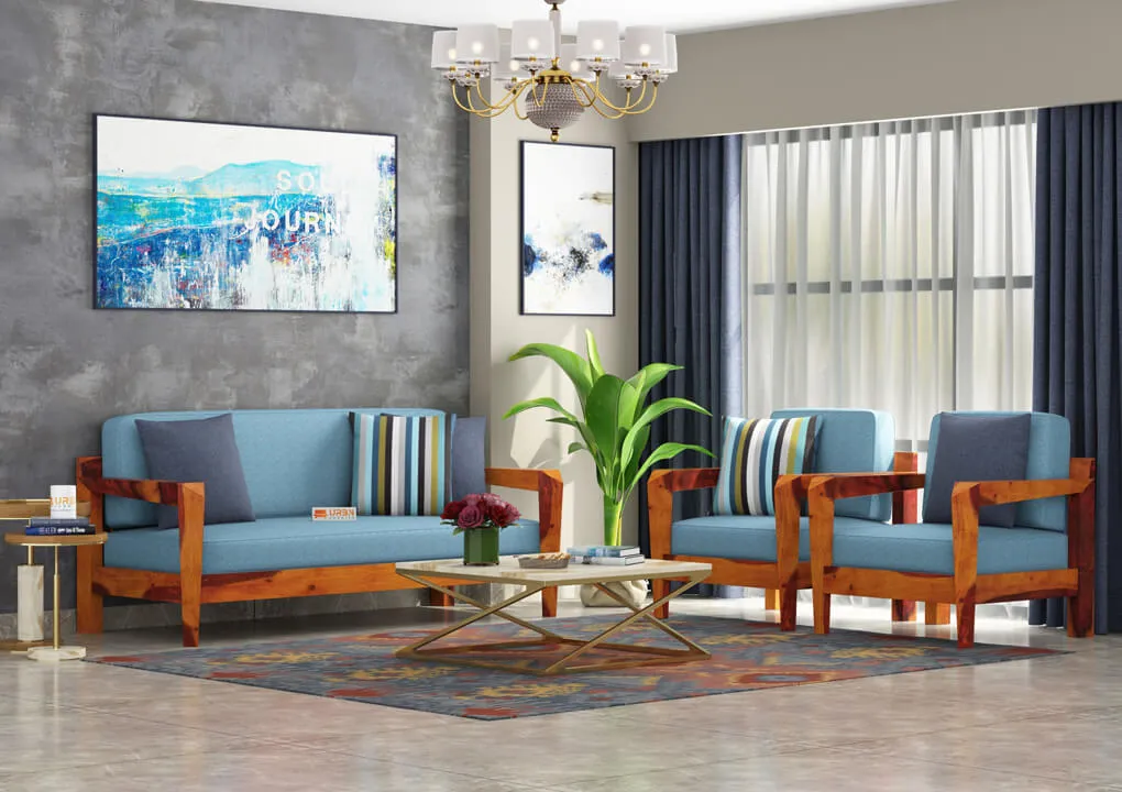 Hampton Wooden 3+1+1 Sofa Set (Honey, Blue)