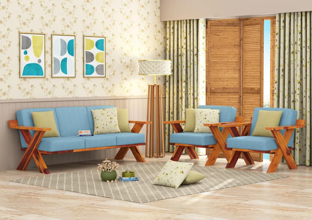 Lewis Wooden 3+1+1 Sofa Set (Honey, Blue)