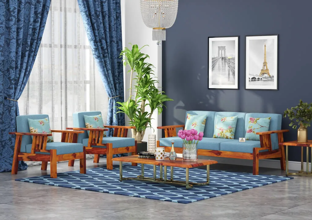 Beamish 3 Seater Wooden Sofa (Blue, Honey)