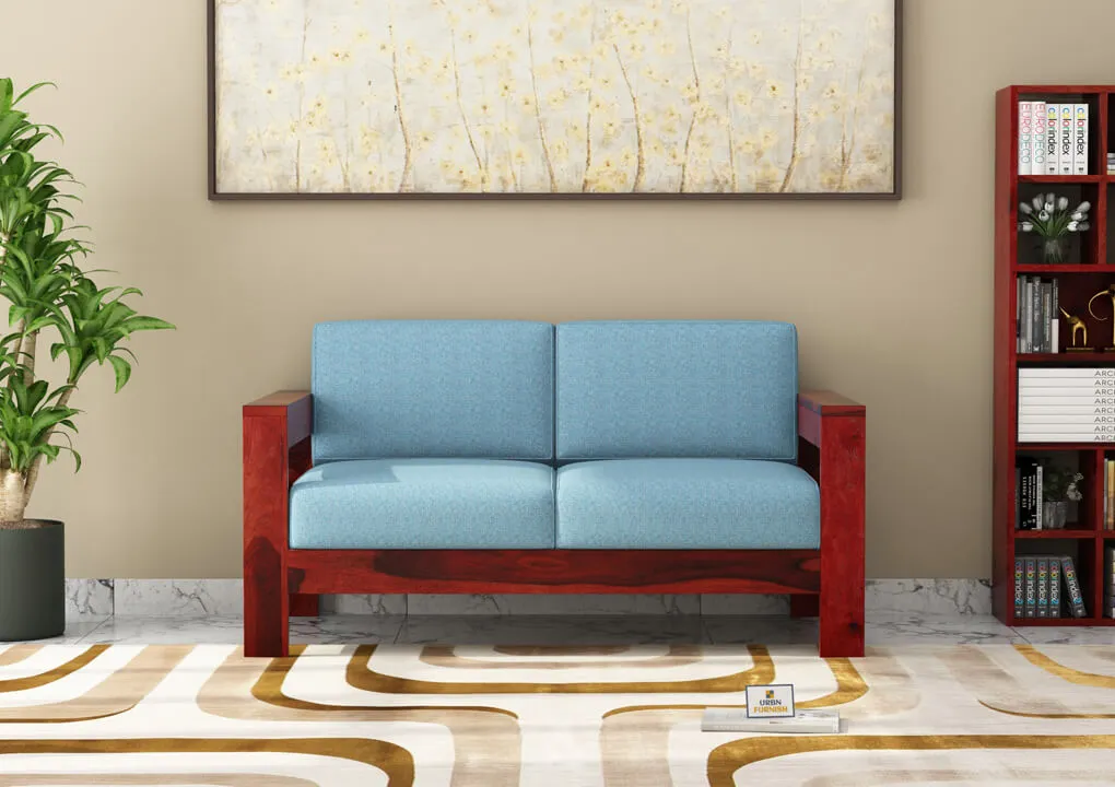 Carlotta With Side Magazine 2 Seater Wooden Sofa (Blue, Honey)
