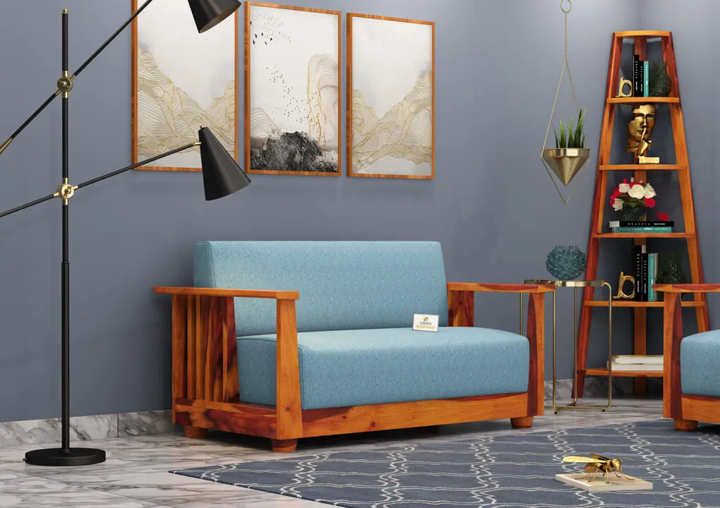 Olson 2 Seater Wooden Sofa (Blue, Honey)