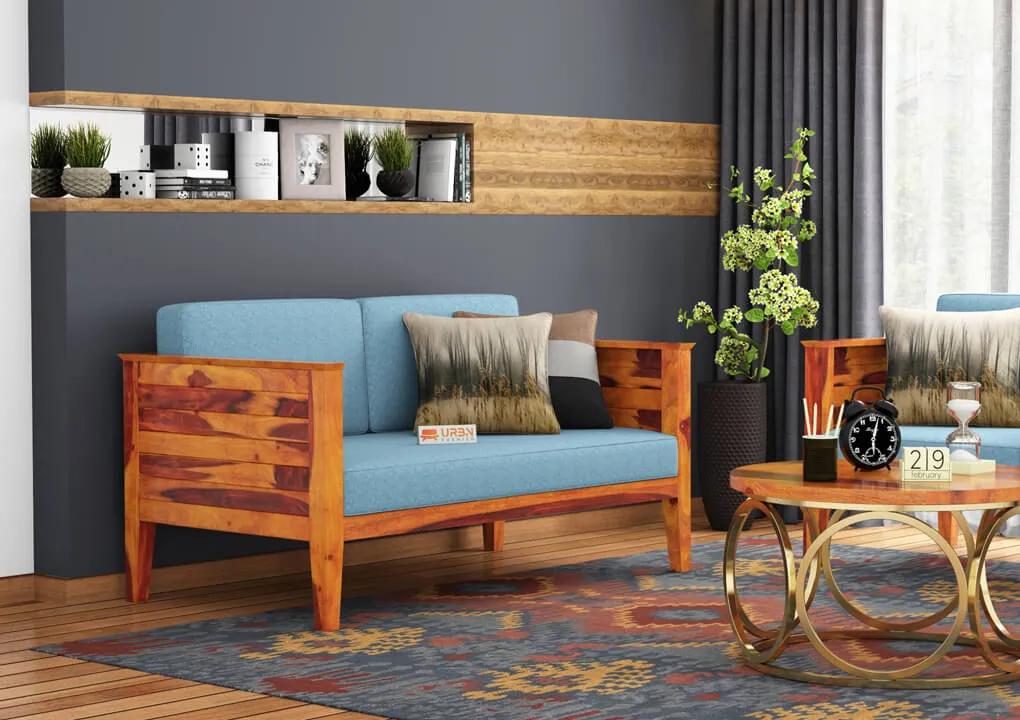 Venice 2 Seater Wooden Sofa (Blue, Honey)