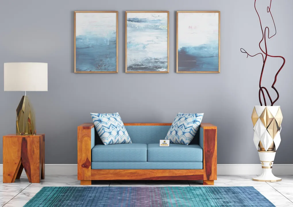 Brume 2 Seater Wooden Sofa (Blue, Honey)