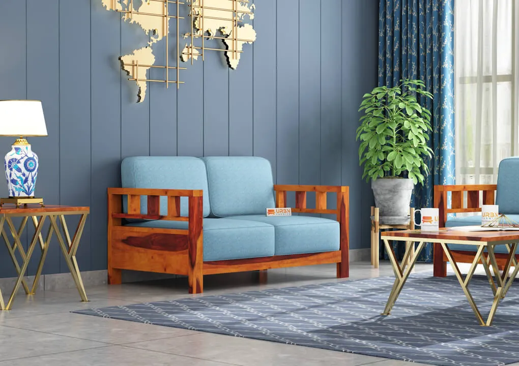 Drake 2 Seater Wooden Sofa (Blue, Honey)