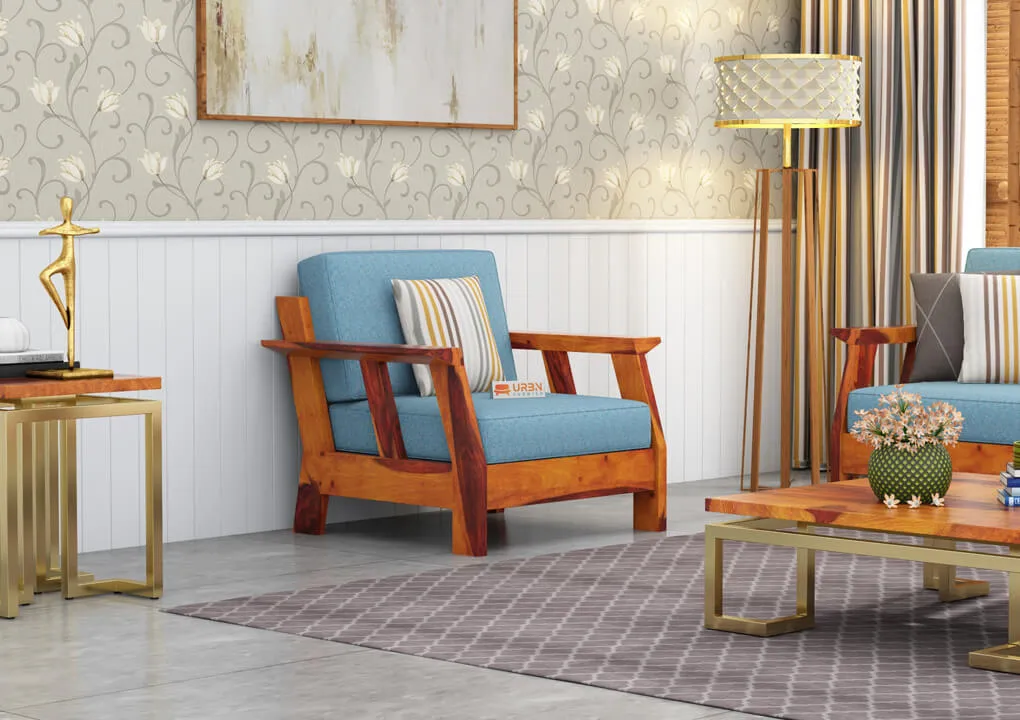 Edkin 1 Seater Wooden Sofa (Blue, Honey)