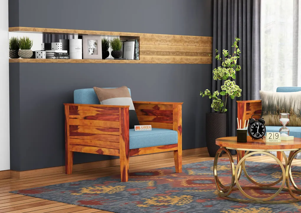 Venice 1 Seater Wooden Sofa (Blue, Honey)