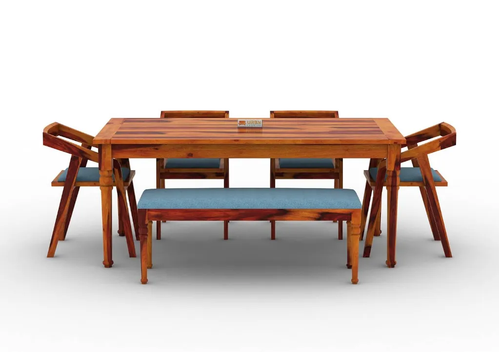 Aryan 6 Seater Dining Set With Bench (Honey, Blue)