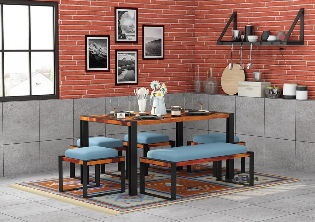 Milate 6 Seater Dining Set With Bench (Honey, Blue)