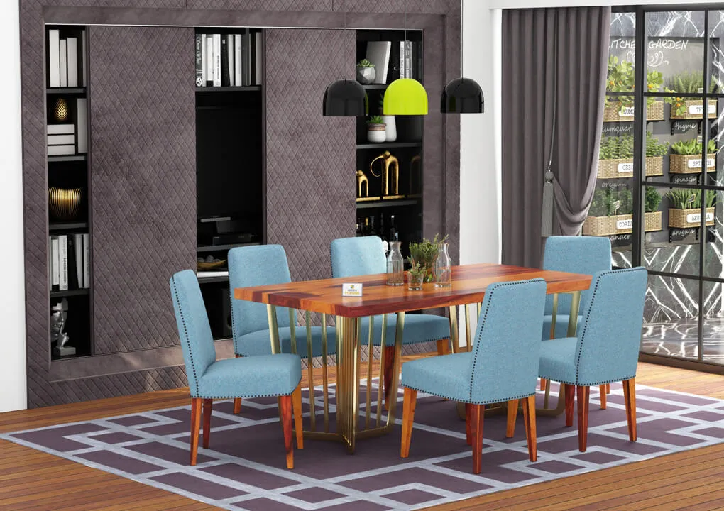 Flossy 6 Seater Dining Set (Honey, Blue)